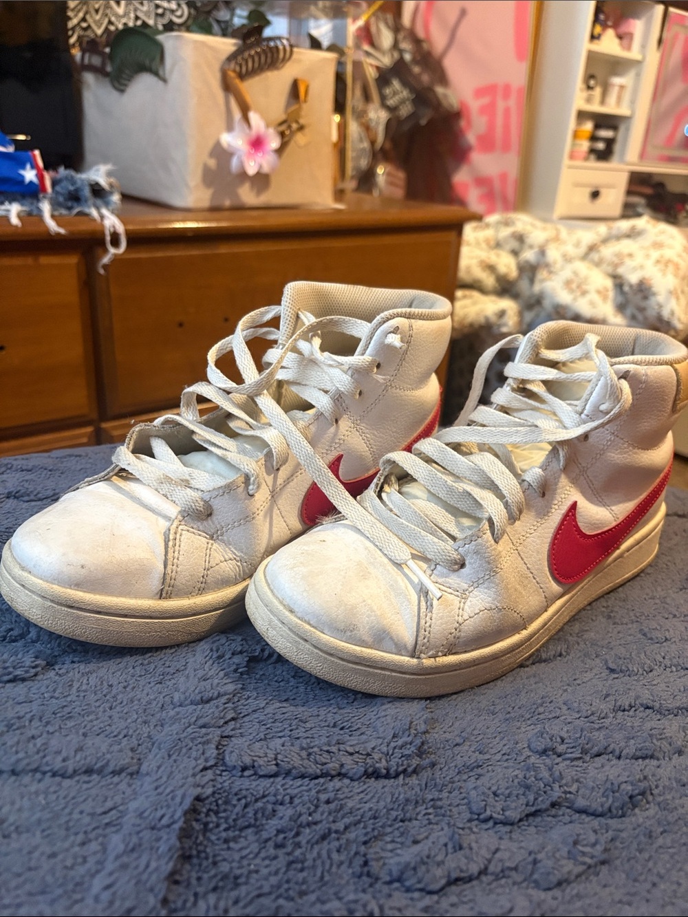 Nike Kids White High-Top Sneakers with Pink Swoosh